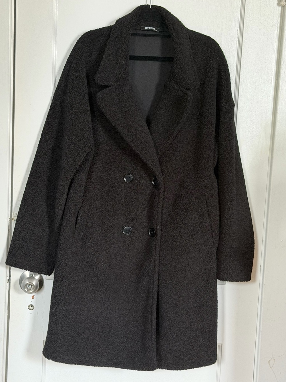 Women's Black Double-Breasted Bouclé Pea Coat